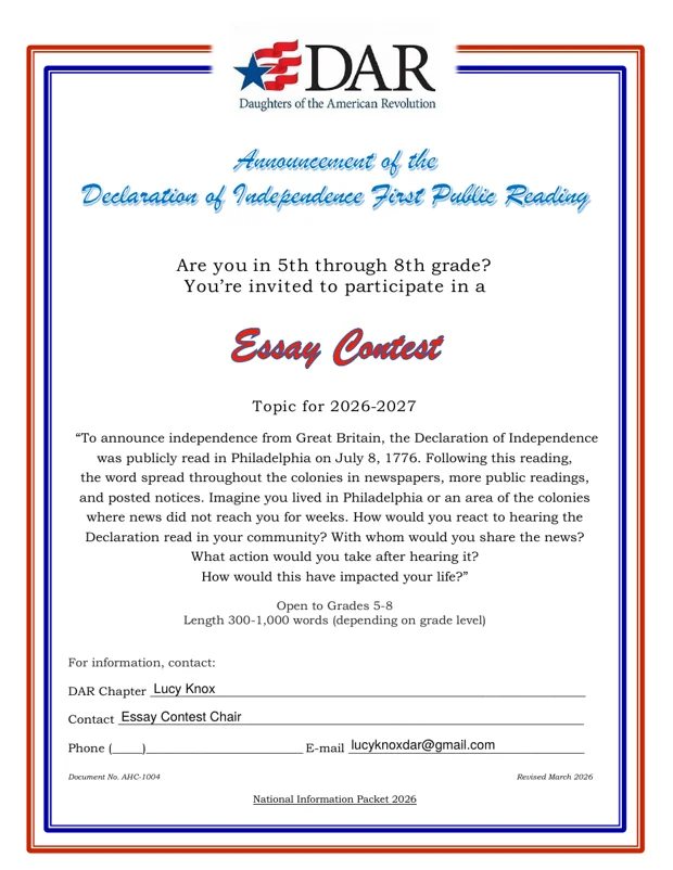 2026–2027 DAR essay contest flyer: Announcement of the Declaration of Independence First Public Reading